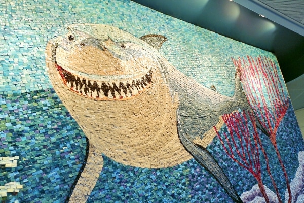 A closeup of a tile mosaic designed to look like a great white shark