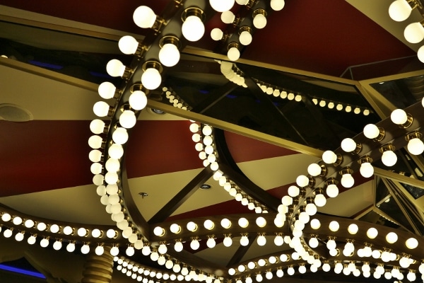 a closeup of bright light bulbs arranged in decorative rows overhead