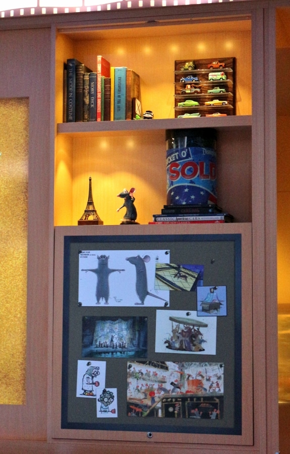 Ratatouille themed decorations on book shelves