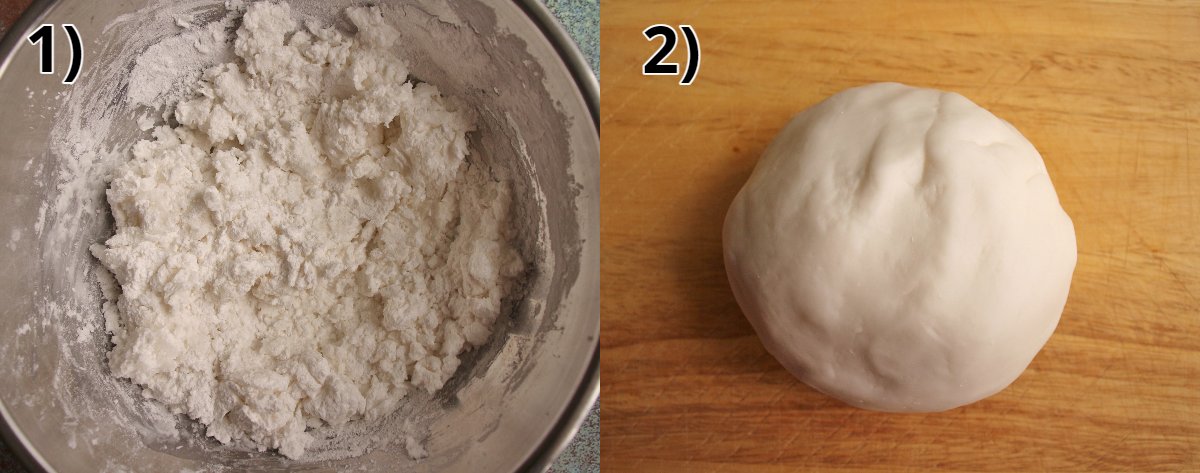 Step-by-step photos of making wheat starch dumpling dough.