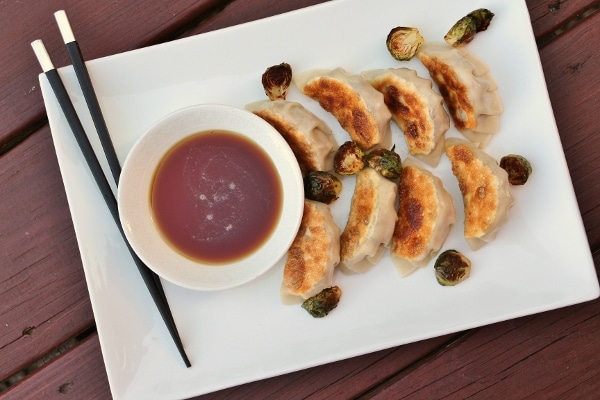 overhead view of a rectangular white plate with a dipping sauce bowl, chopsticks, and dumplings