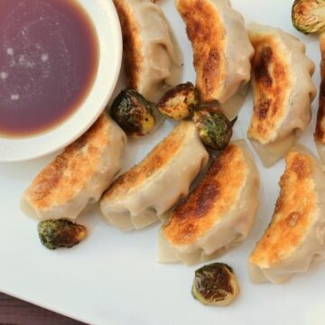 overhead view of pan-fried dumplings on a white plate scattered with roasted brussels sprouts