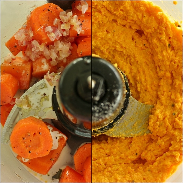 side by side before and after view of carrot ravioli filling in a food processor bowl