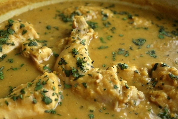 a closeup of chicken pieces in a red lentil curry sauce topped with chopped cilantro