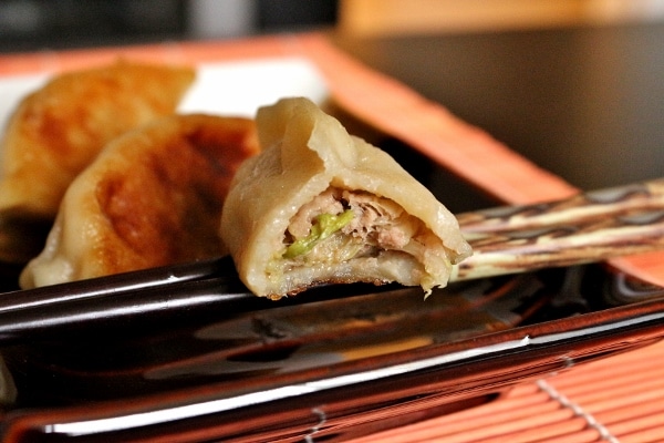 a closeup of a dumpling with a bite taken out resting on top of chopsticks