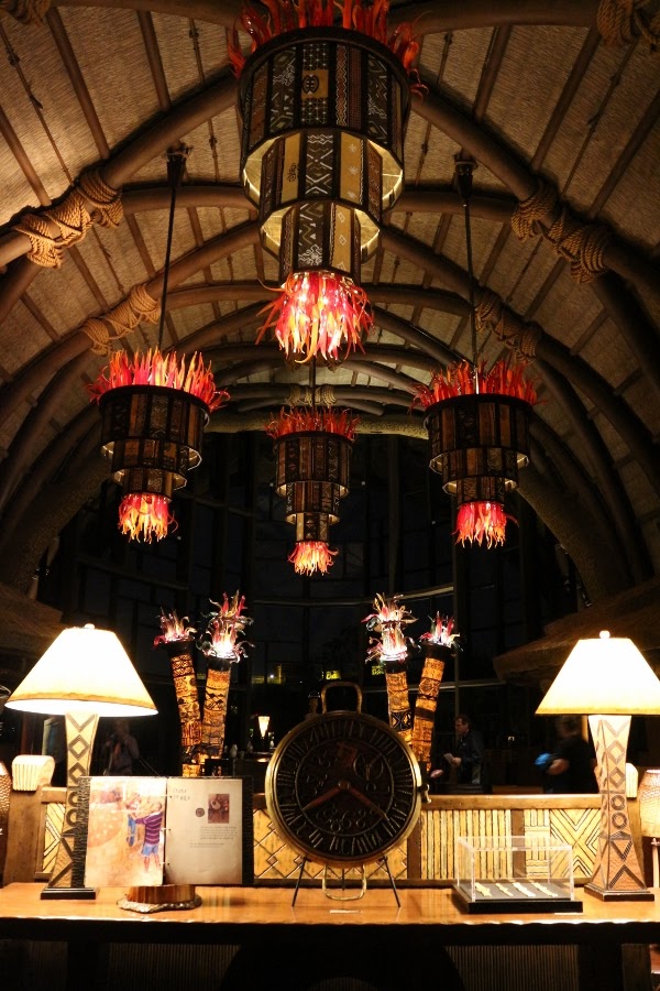 the lobby of Disney\'s Animal Kingdom Villas Kidani Village at night