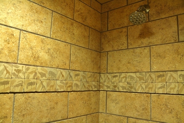 A closeup of animal tiles inside a shower