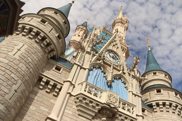 closeup view looking up at Cinderella\'s Castle in Disney\'s Magic Kingdom theme park