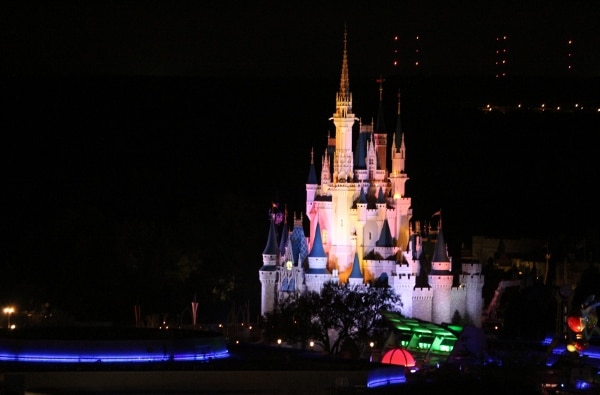 a view of Cinderella\'s Castle at night