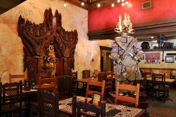 interior of Yak and Yeti restaurant with southeast Asian decorations