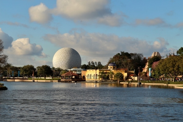 view of Spaceship Earth and the Mexico Pavilion from across the lagoon