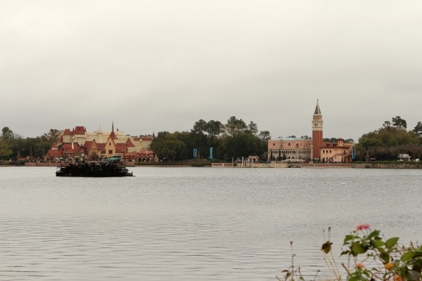 view of the Germany and Italy Pavilions in Epcot from across the lagoon