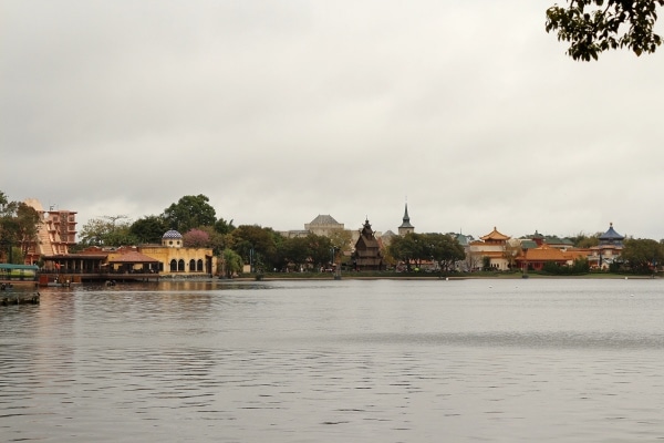 view of the Mexico, Norway, and China Pavilions in Epcot from across the lagoon