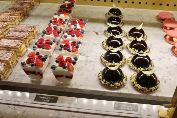 colorful desserts in a display case
