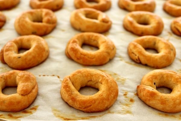 Round savory cookie rings baked until golden