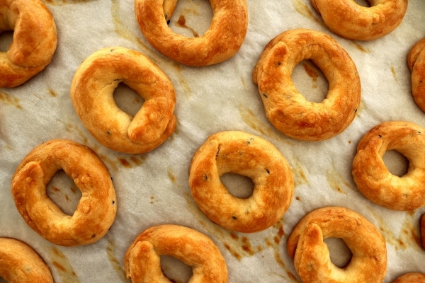 Round khalkha rings baked until golden on a baking sheet