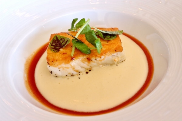 A piece fish with a crispy topping served over a white sauce on a plate