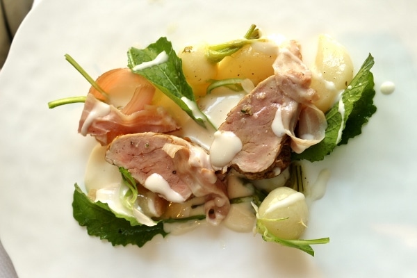 an artful plate of pork with onions, greens, and a delicate white sauce