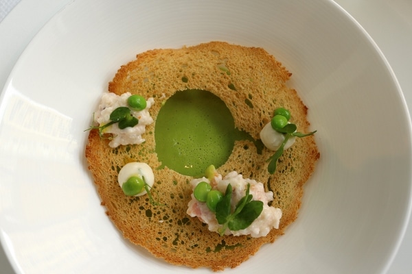 overhead view of pea soup topped with a lacy cracker and dollops of shrimp custard