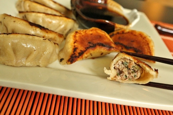 closeup of a plate of half-eaten pan-fried dumplings