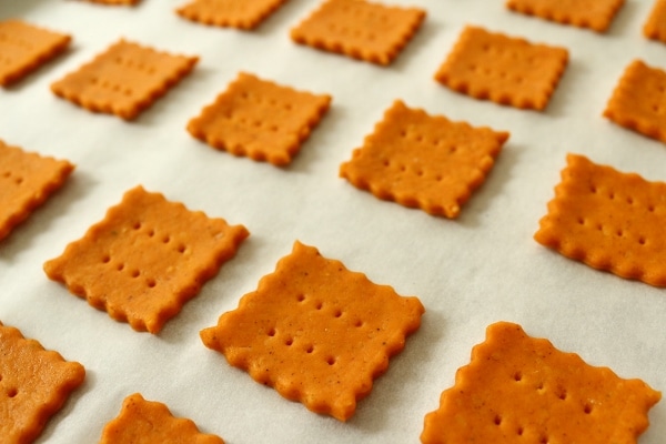 unbaked cheddar cheese crackers arranged on a baking sheet