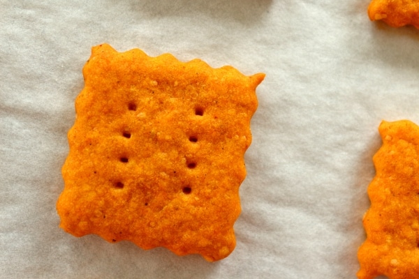A closeup of a homemade cheddar cheese cracker