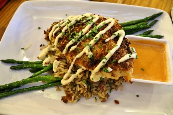 A plate of catfish over dirty rice and vegetables, topped with a drizzle of white sauce