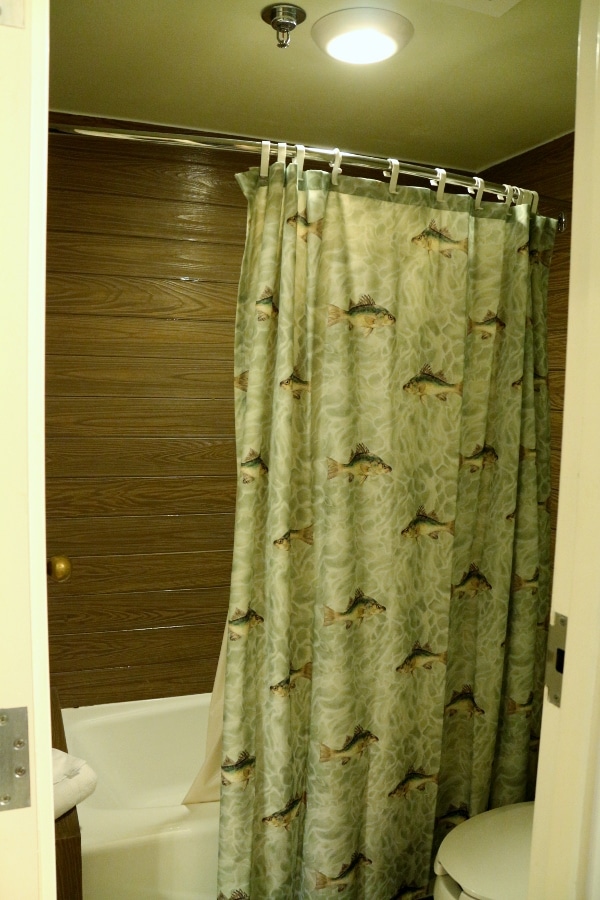 A shower curtain with images of fishes on it