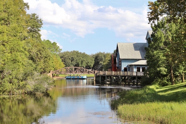 A tranquil river surrounded by trees with a small bridge in the distance