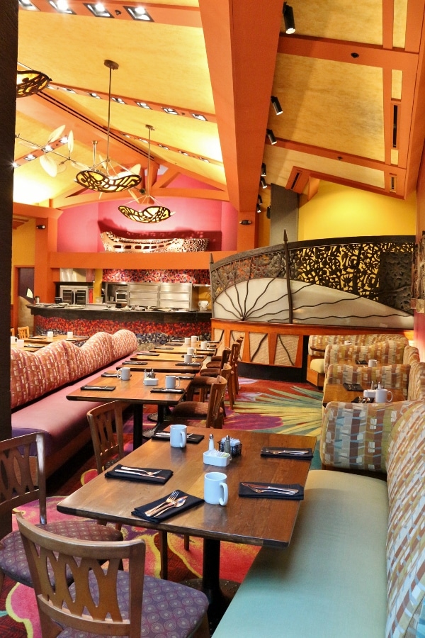 another view of the Kona Cafe dining room with brightly colored walls and furniture