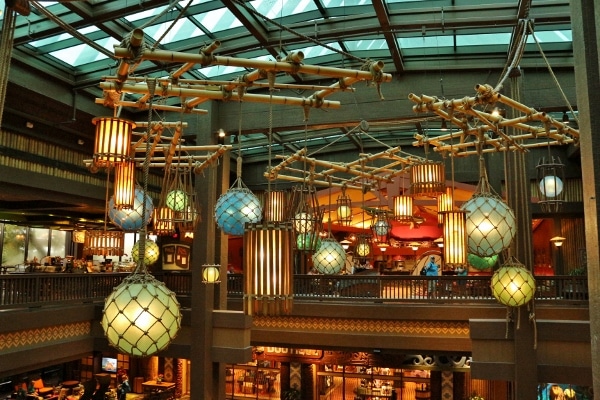 view of colorful hanging lights in the Polynesian lobby from the second level