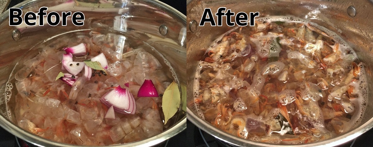 before and after photos of making shrimp stock