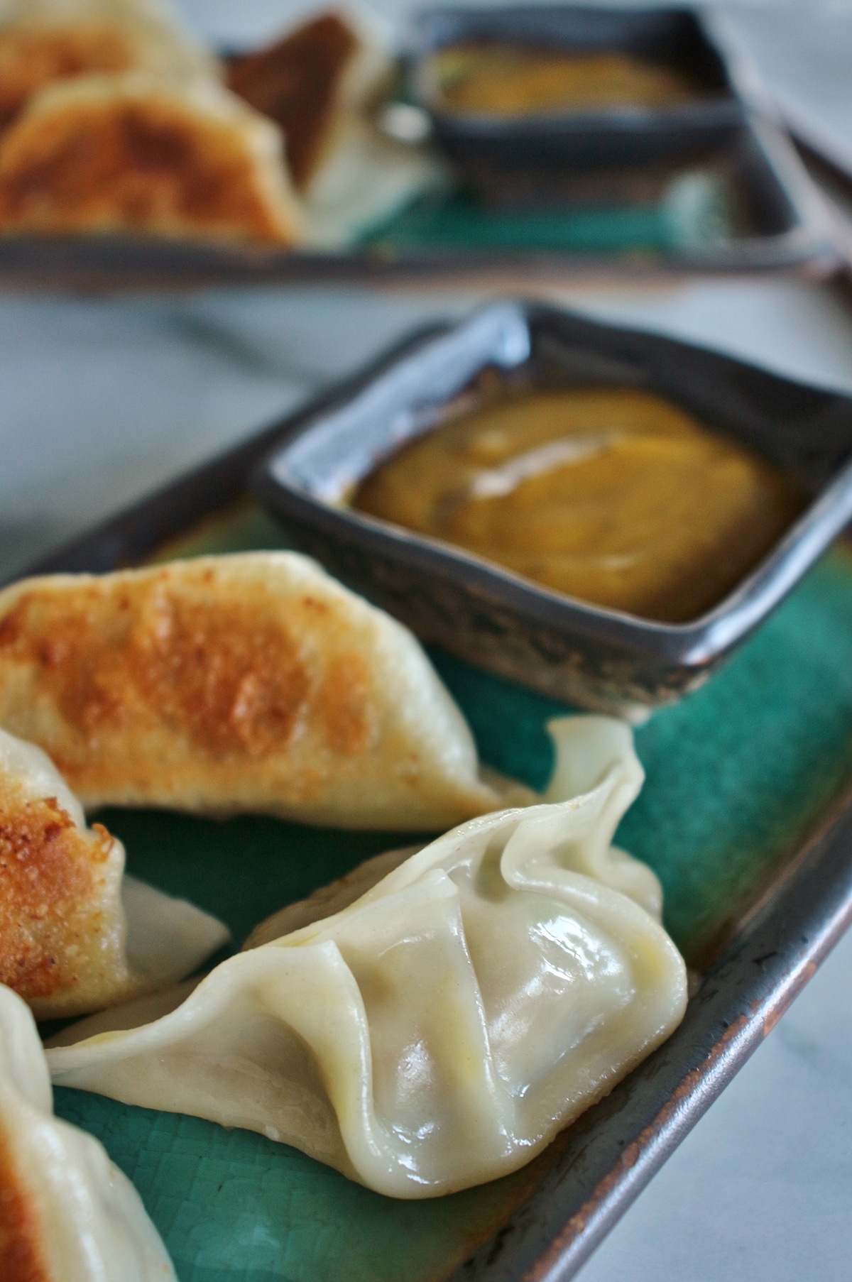 pan-fried dumplings on a rectangular turquoise plate