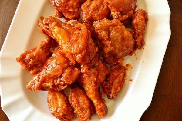 overhead view of a platter of crispy Korean fried chicken