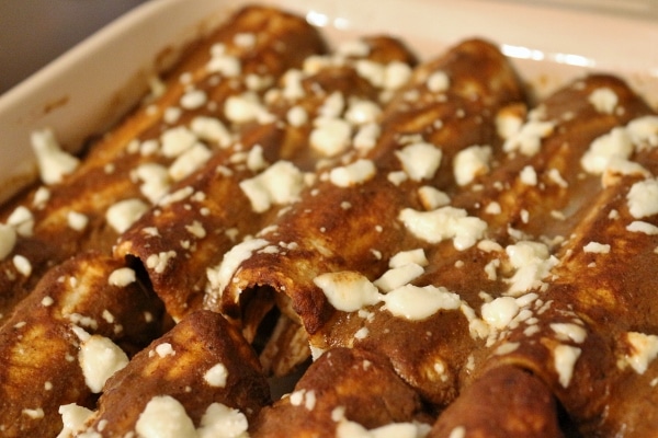 a closeup of a baking dish of baked enchiladas in mole sauce with crumbled cheese