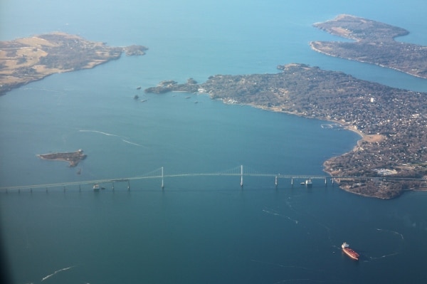 view of the Newport Bridge in Rhode Island from an airplane