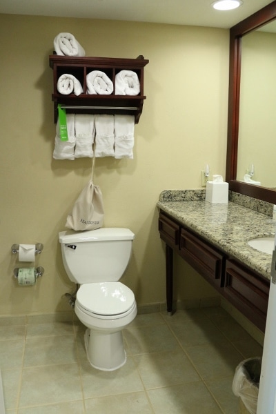 A hotel bathroom with a toilet and sink