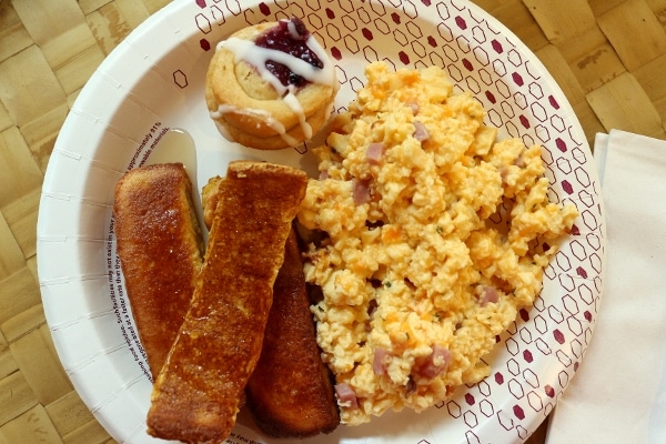 A plate of breakfast food from a buffet