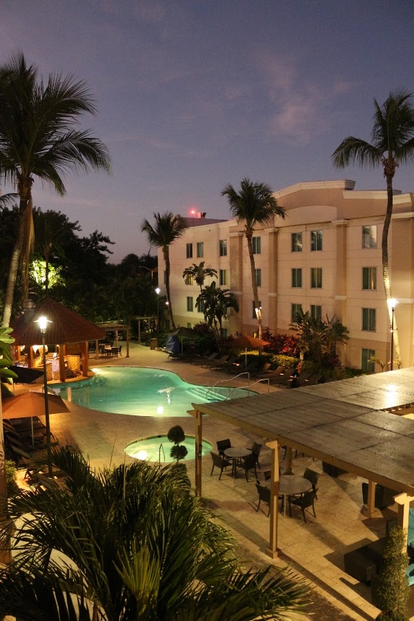 an outdoor pool surrounded by palm trees in the early morning hours before dawn