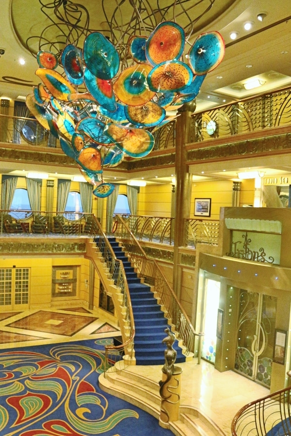 view of the lobby atrium of the Disney Wonder cruise ship