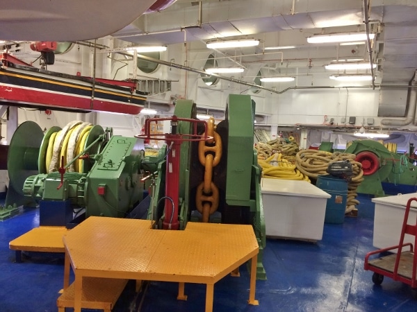 view of the anchor chain behind the scenes on a cruise ship