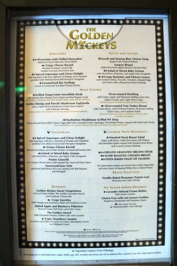 The Golden Mickeys dinner menu