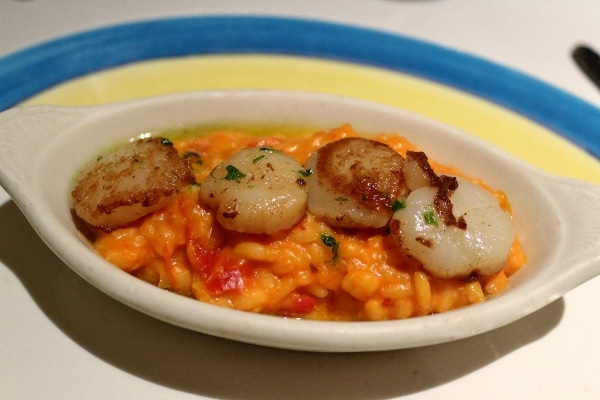 A bowl of tomato risotto topped with scallops