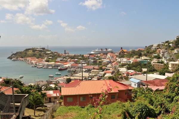 view of a Disney cruise ship beyond the city of St. George\'s, Grenada