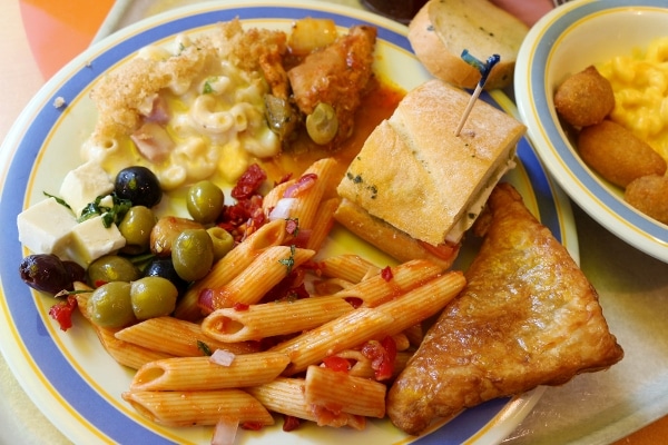 A plate of food from a lunch buffet