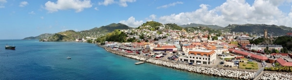 a panoramic view from a cruise ship of St. George\'s, Grenada