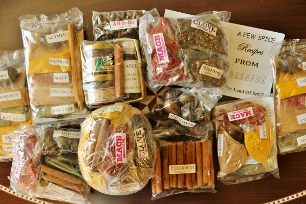 A variety of packaged spices on a table