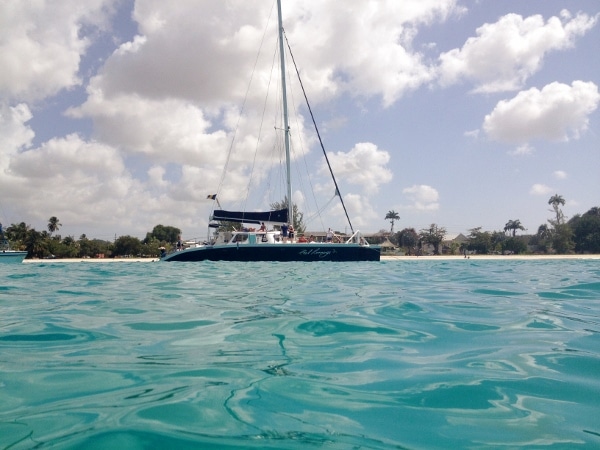A catamaran in the water