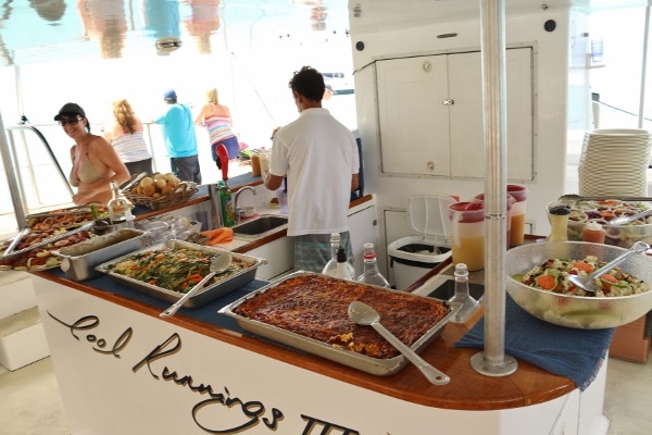 wide view of a food buffet on a boat