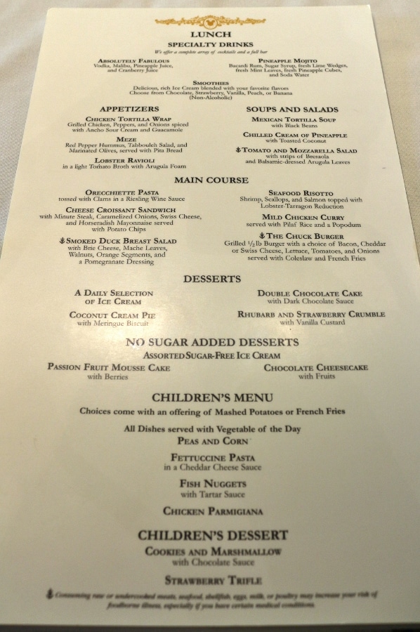 a cruise line lunch menu